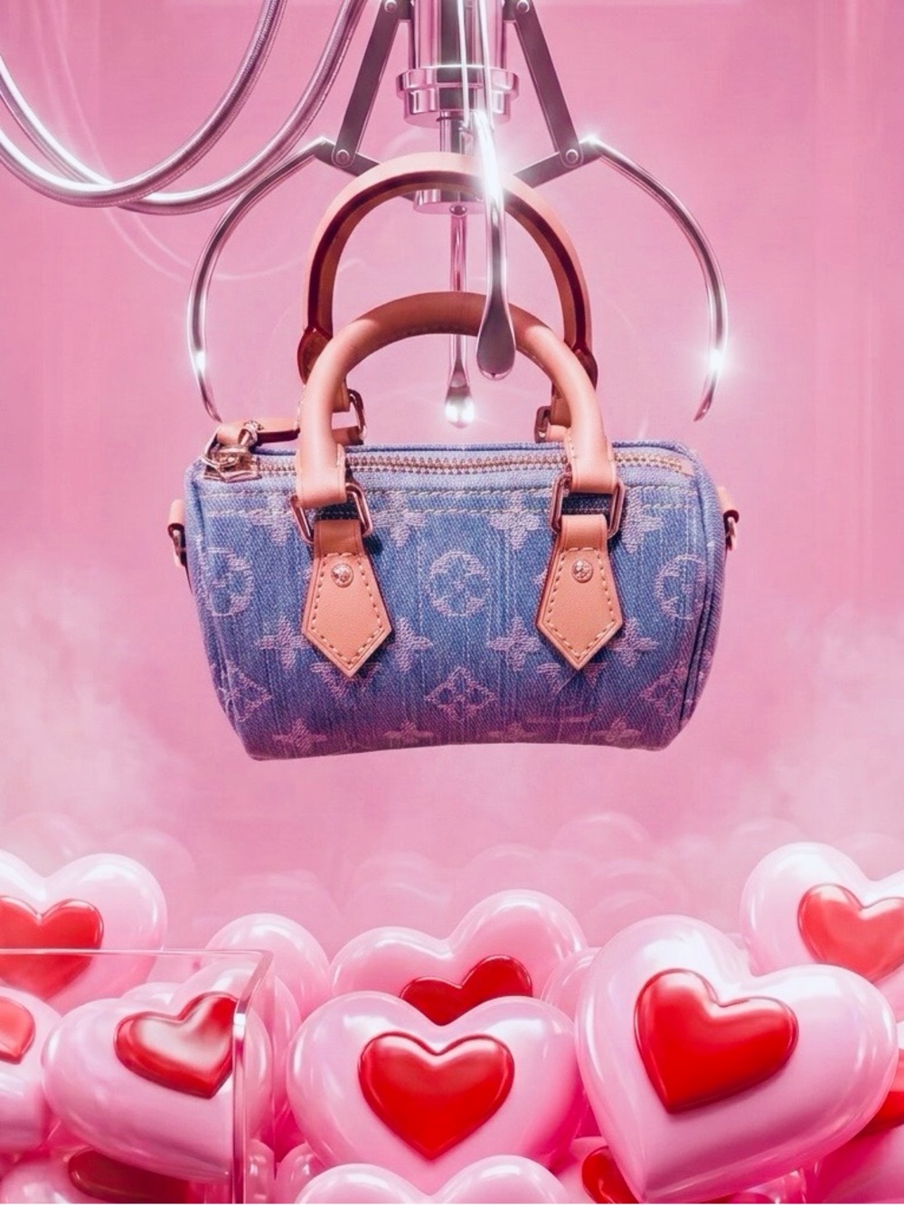 Blue Monogram Denim Mini Satchel Leather Trim Adjustable Crossbody Strap